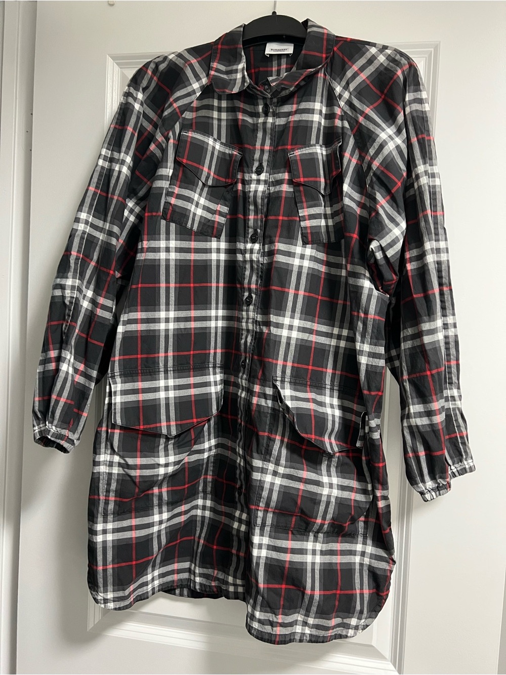 Burberry Black, White & Red Plaid Utility Jacket